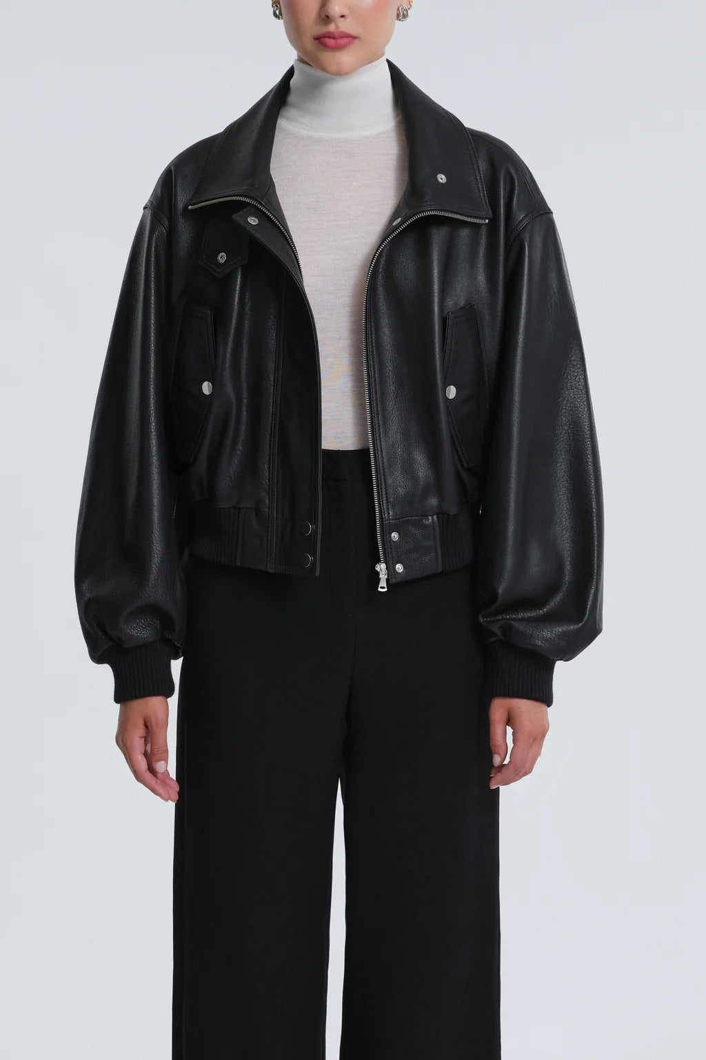 Women's black leather cropped bomber jacket – high neck collar front view
