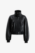 Women's black leather cropped bomber jacket – high neck collar front view
