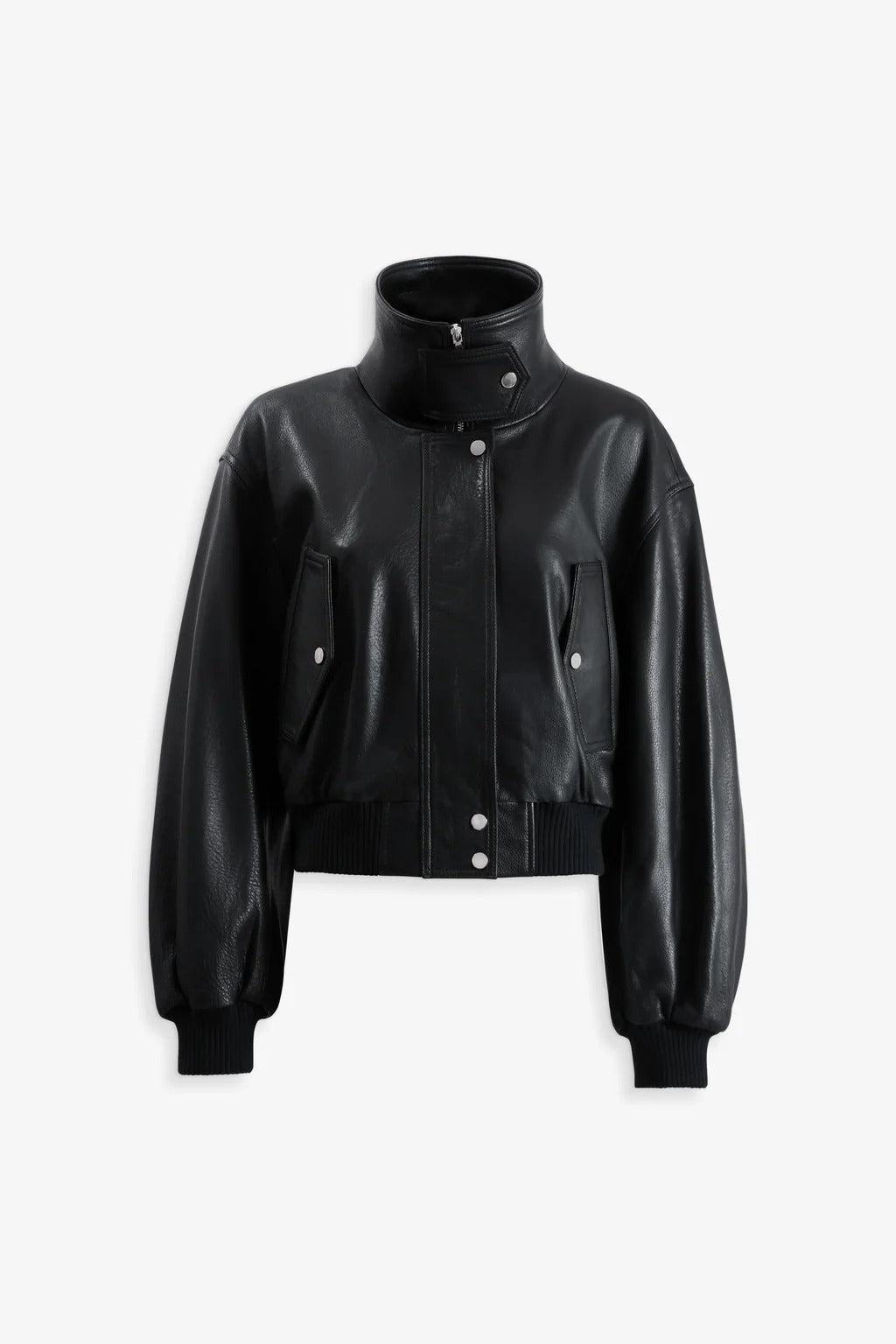Women's black leather cropped bomber jacket – high neck collar front view
