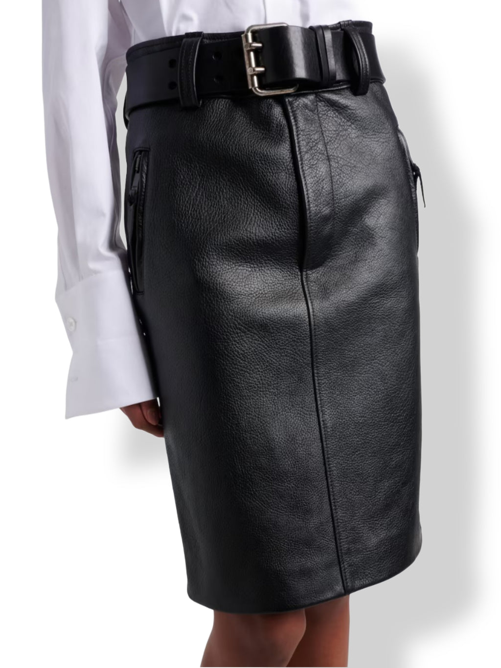 Women's black leather midi skirt – belted high waist side profile view
