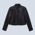 Women's black leather military jacket – cropped designer style front view
