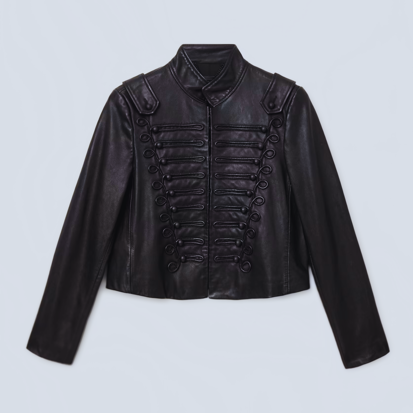 Women's black leather military jacket – cropped designer style front view
