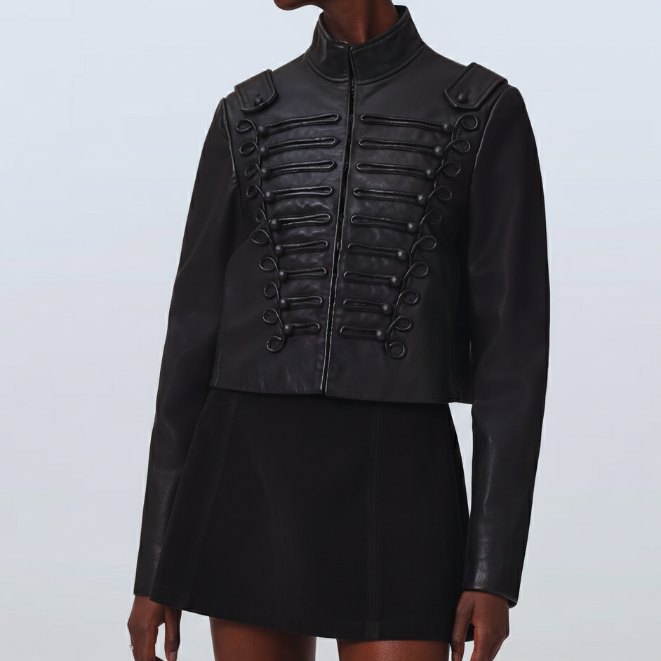 Women's black leather military jacket – cropped designer style front view
