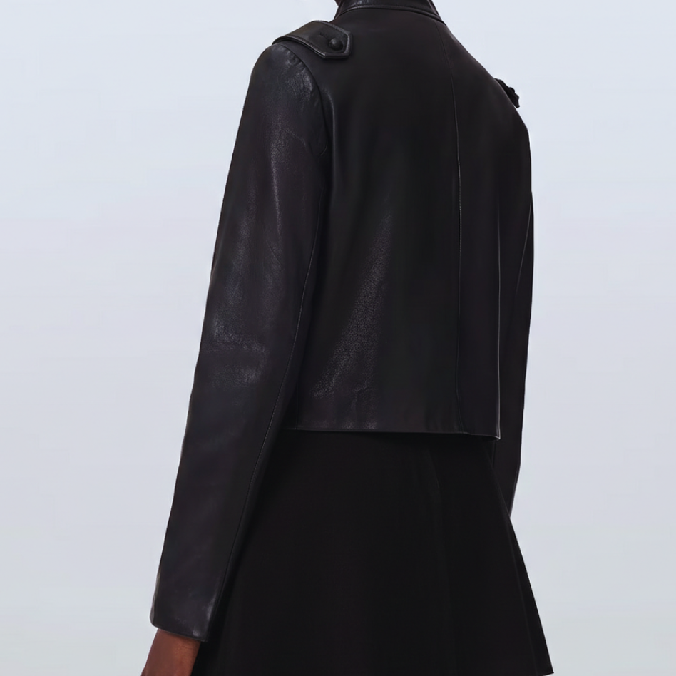 Women's black leather military jacket – structured cropped fit back view
