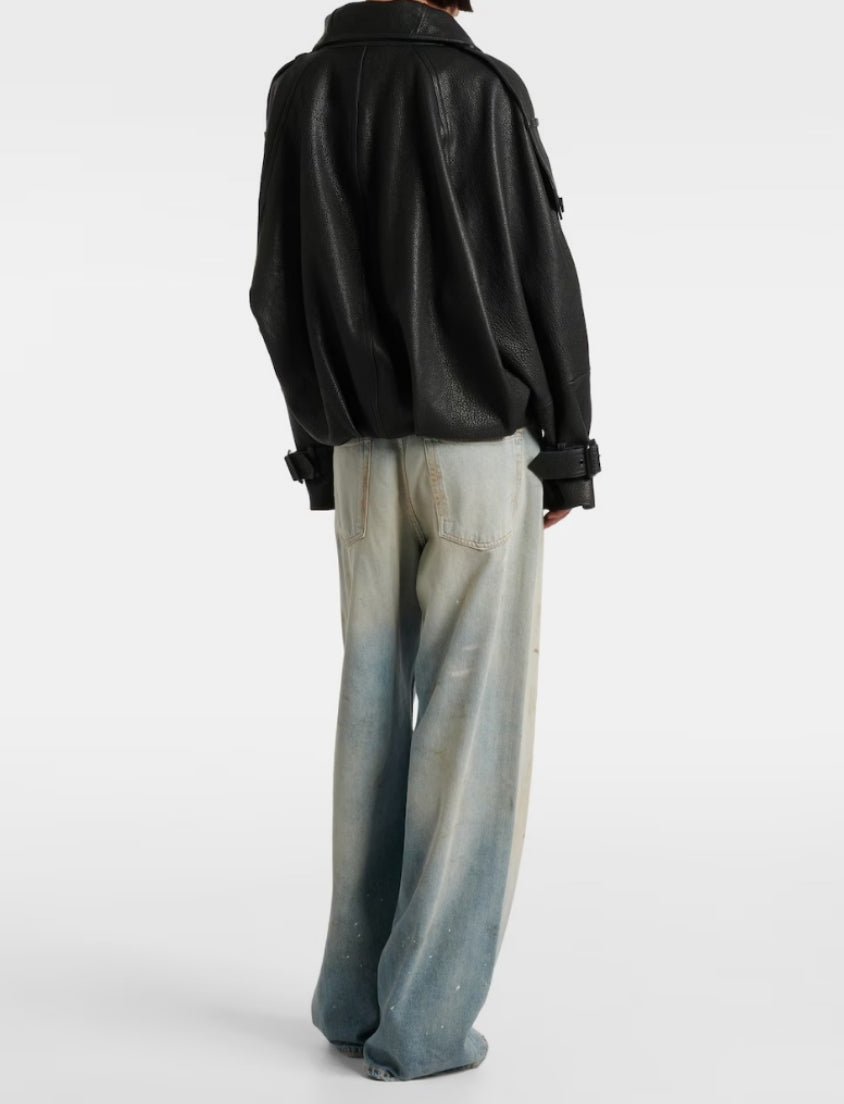 Women's black leather oversized coat – double breasted high neck back view
