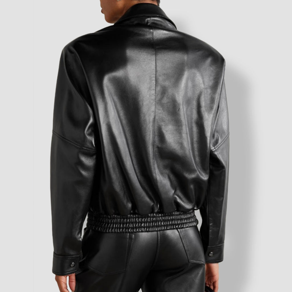 Women's black panelled leather bomber jacket – handcrafted premium quality back view
