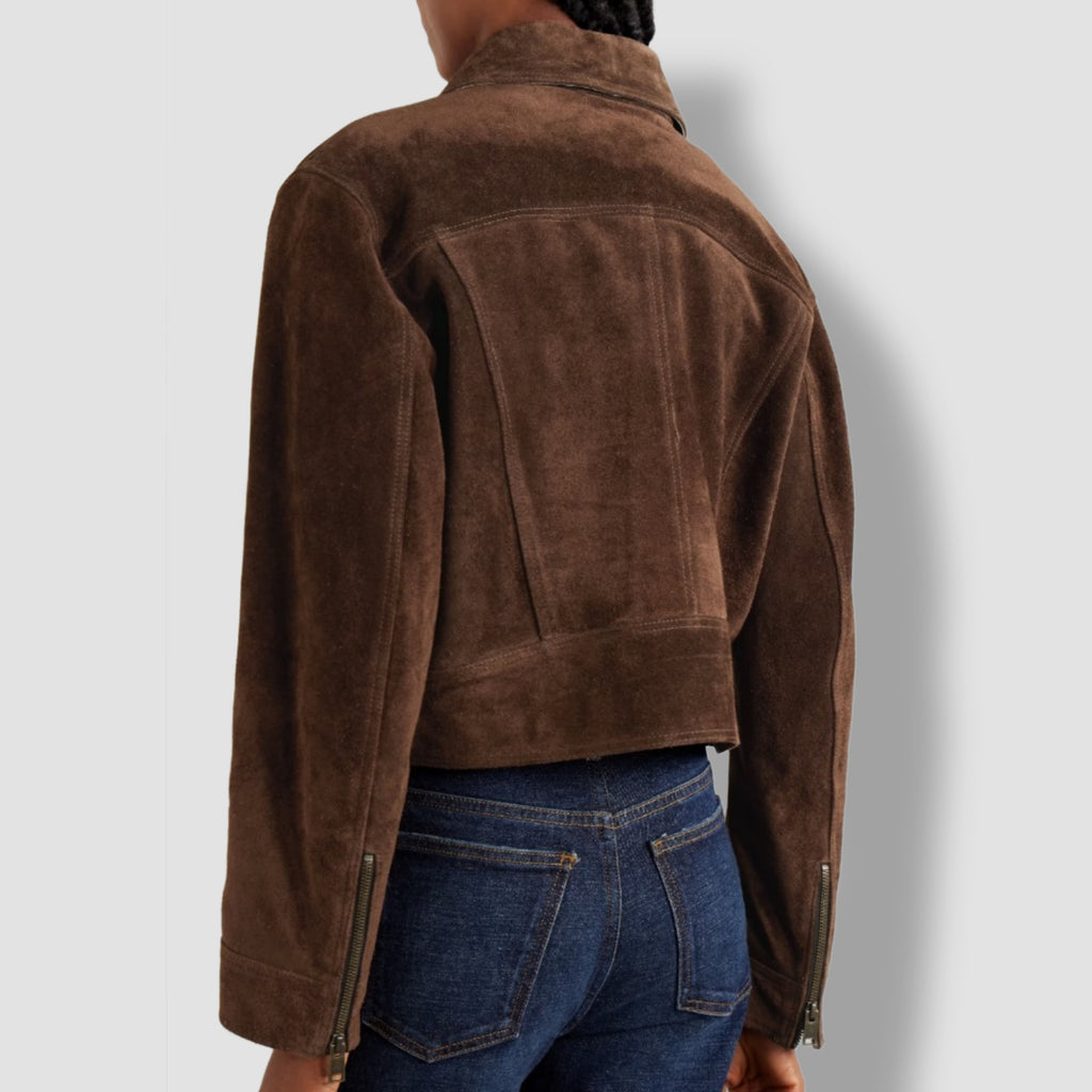 Women's brown genuine leather trucker jacket – cropped fit back view

