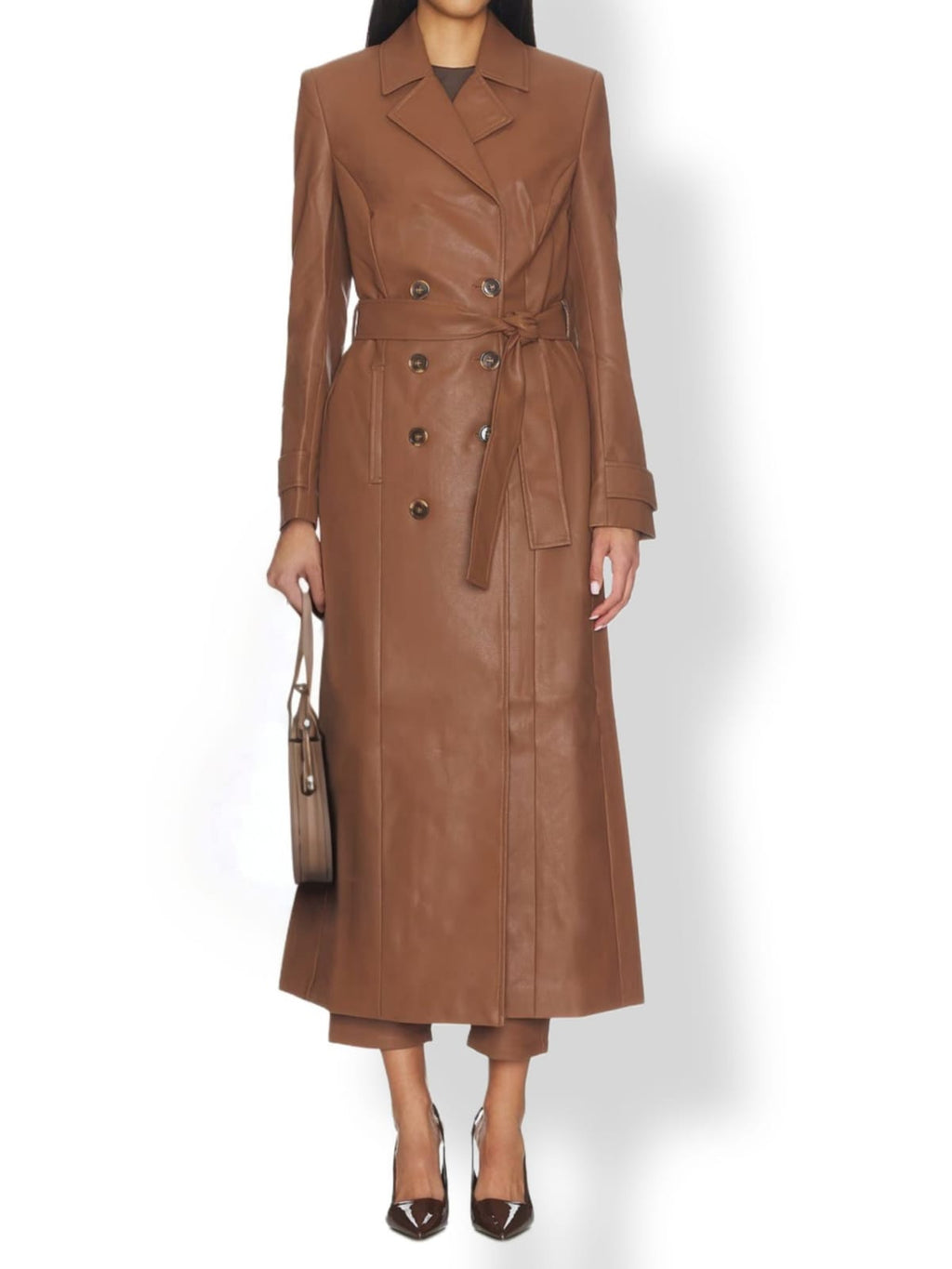 Women's brown leather trench coat – double breasted belted long coat front view

