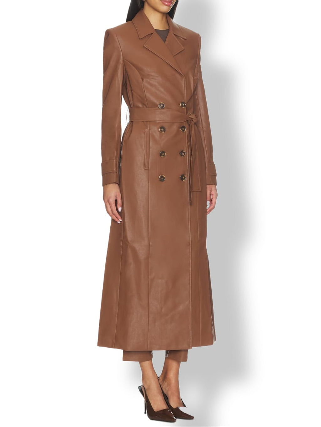 Women's brown leather trench coat – double breasted belted long coat front view
