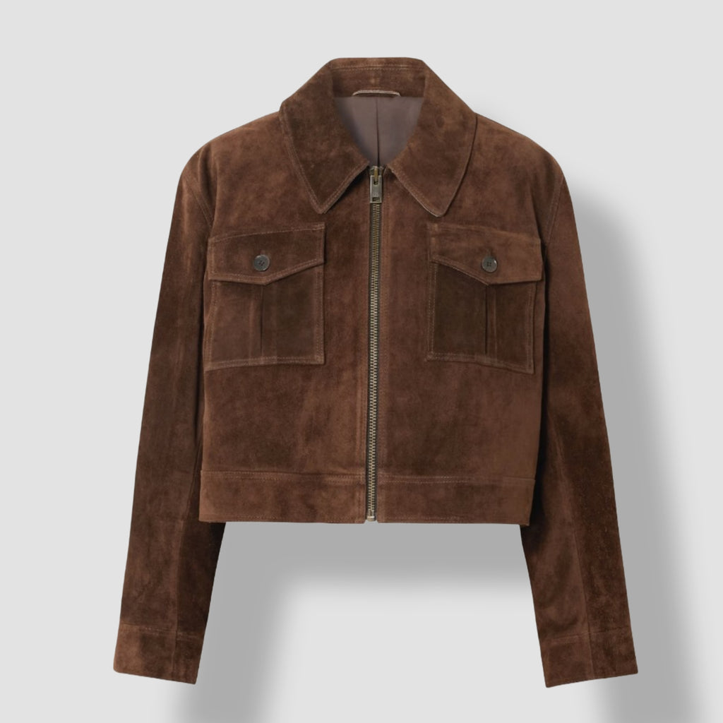 Women's brown suede cropped jacket – genuine leather trucker style front view
