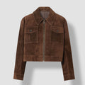 Women's brown suede cropped jacket – genuine leather trucker style front view
