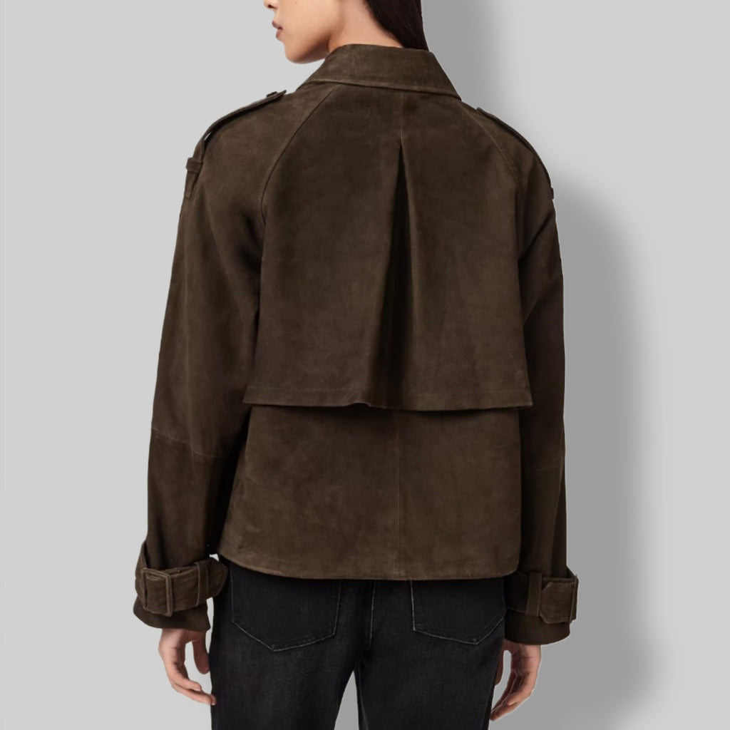 Women's brown suede heritage leather coat – double breasted back view Scorpion Hide Co
