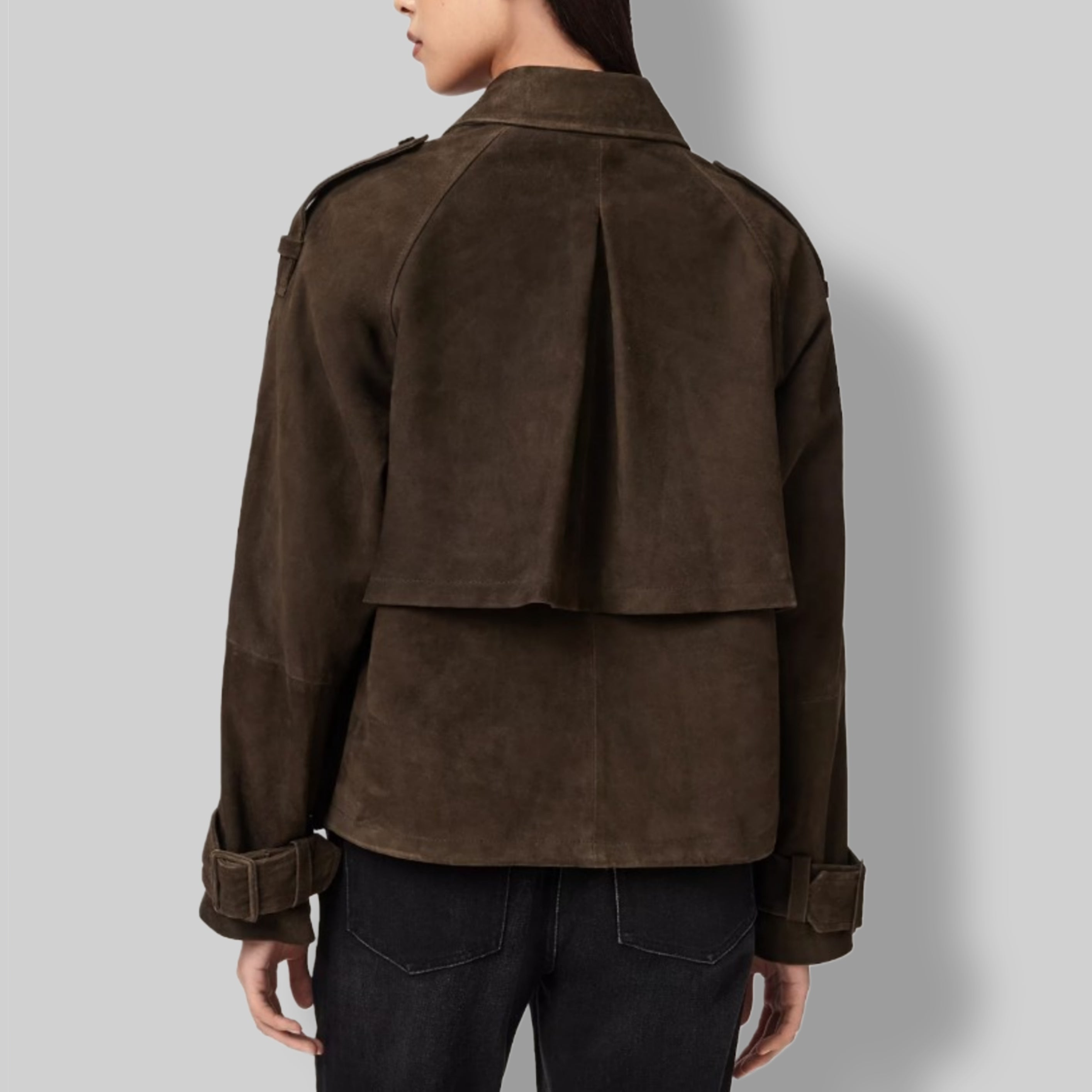 Women's brown suede heritage leather coat – double breasted back view Scorpion Hide Co
