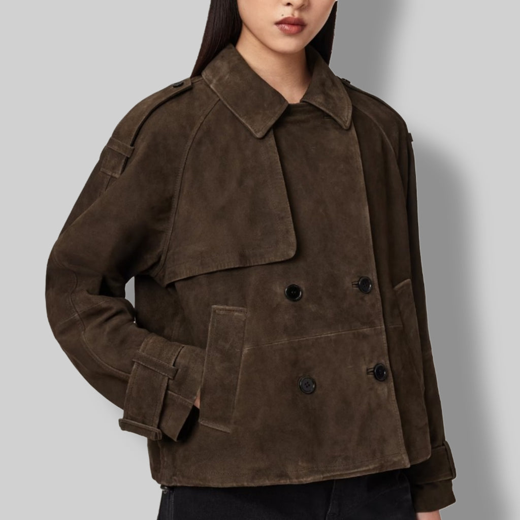 Women's brown suede jacket – heritage double breasted leather coat 
