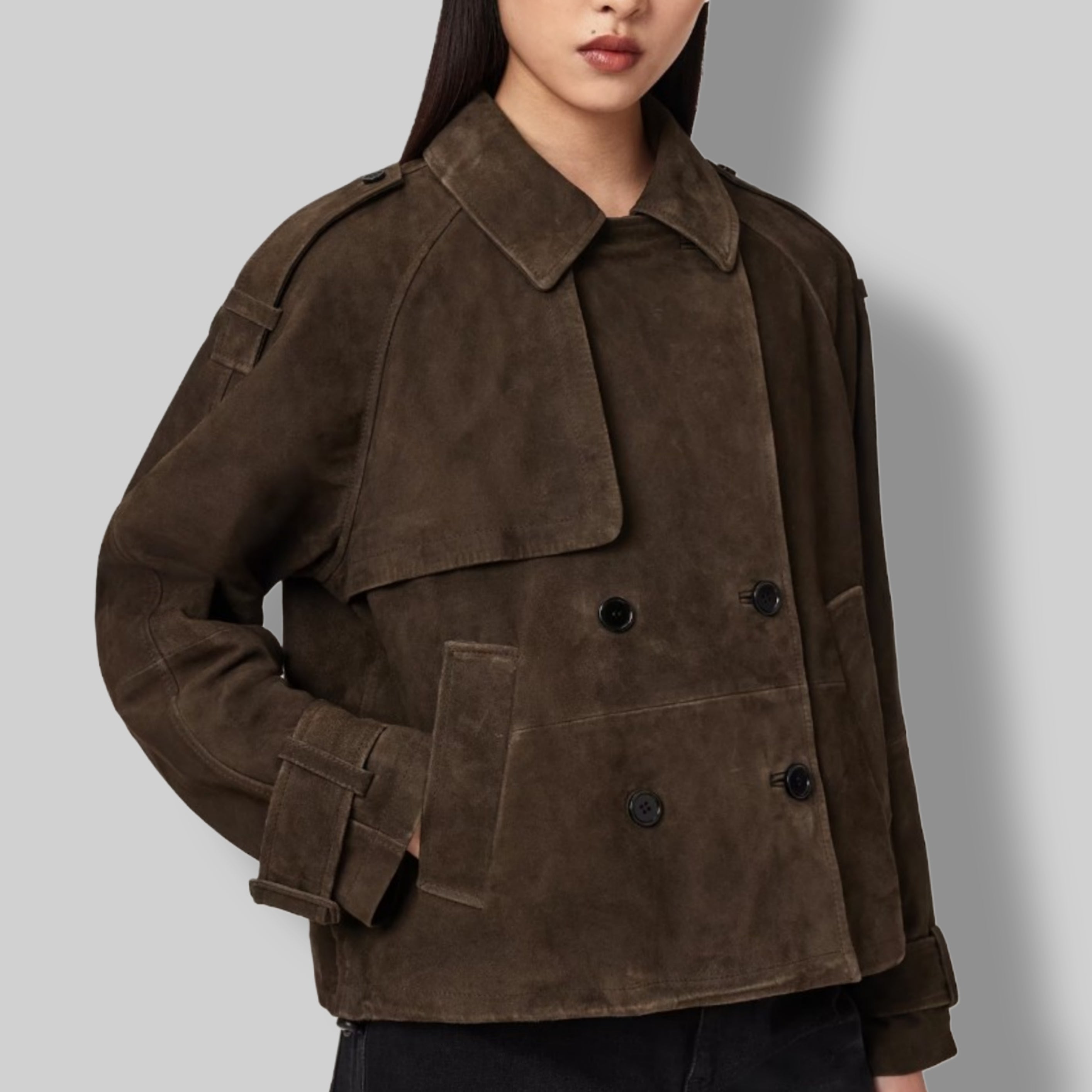 Women's brown suede jacket – heritage double breasted leather coat 
