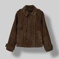 Women's brown suede jacket – heritage double breasted leather coat front view
