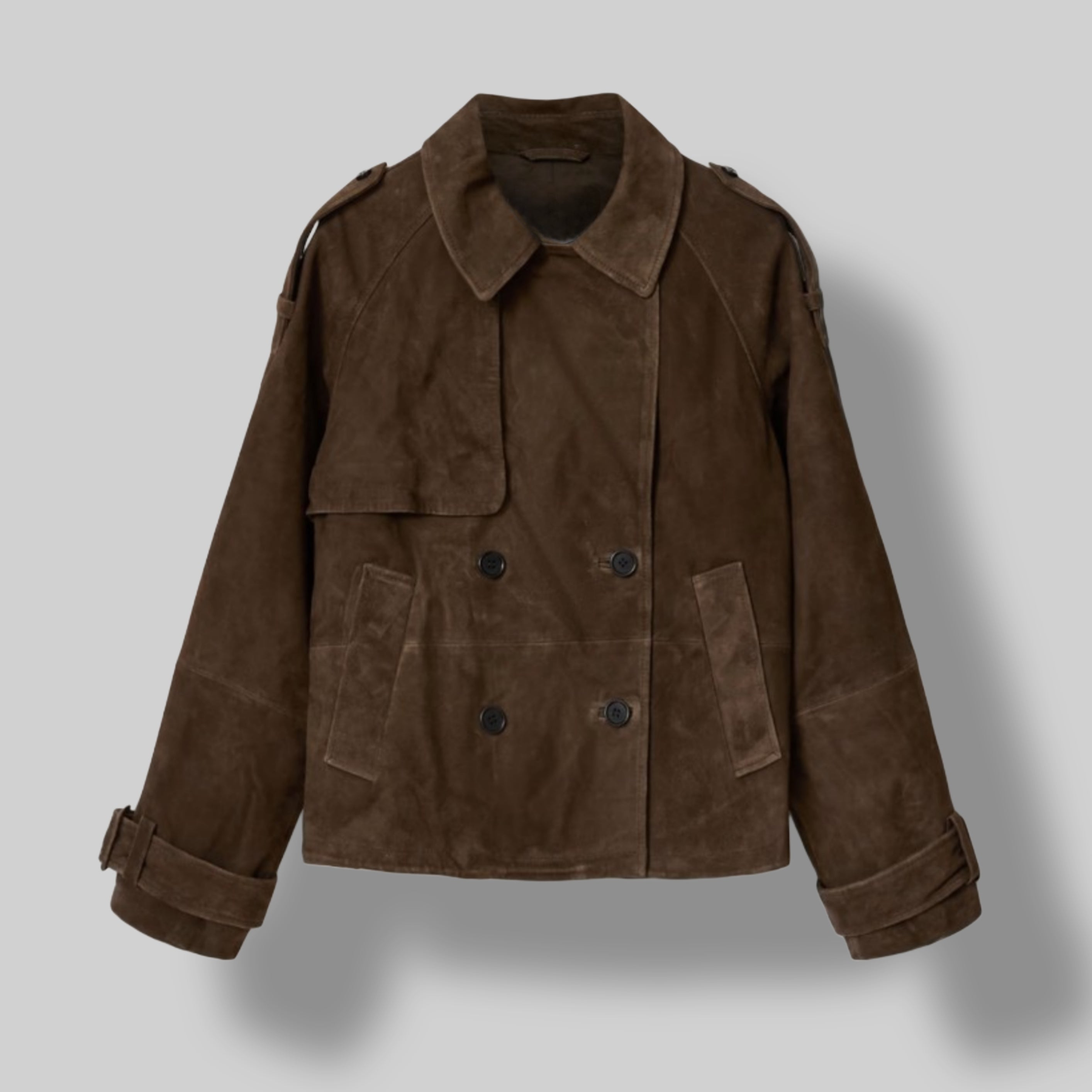 Women's brown suede jacket – heritage double breasted leather coat front view
