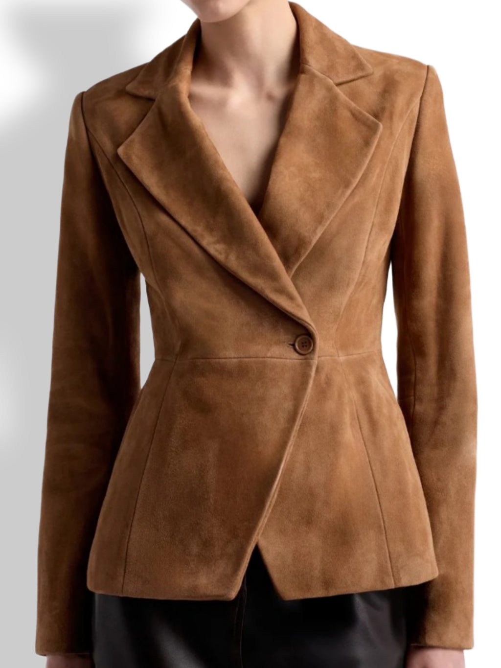 Women's brown suede leather blazer – premium tailored fit front view
