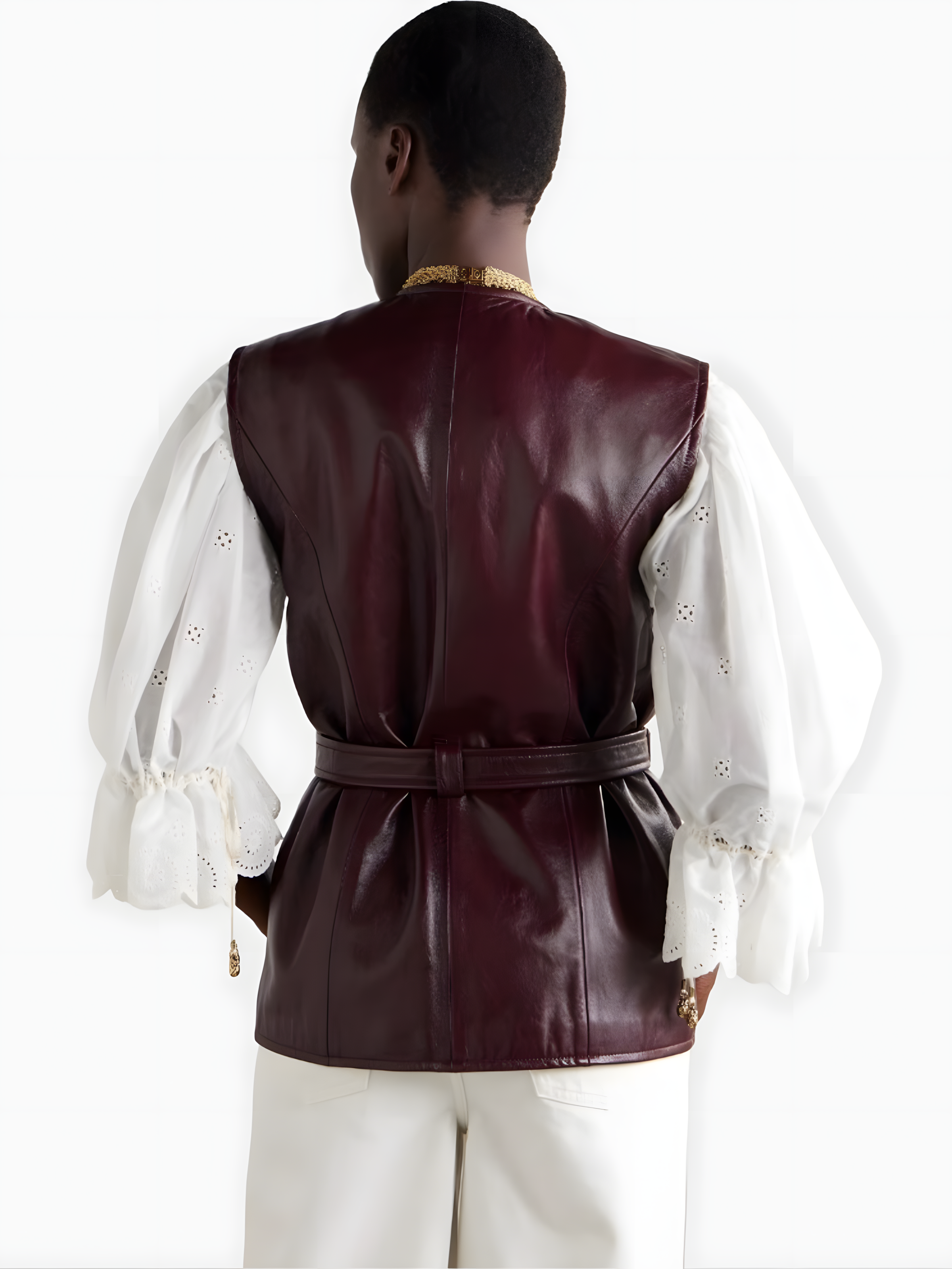 Women's burgundy genuine leather utility vest – belted waist back view
