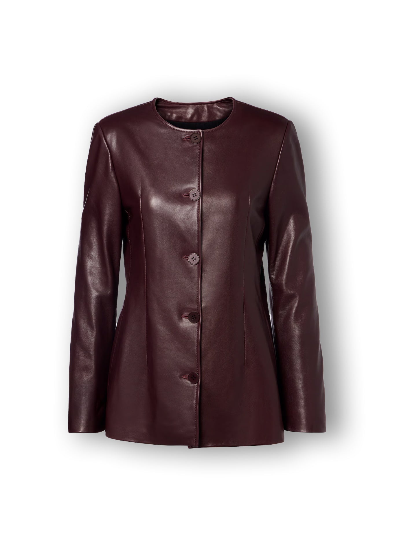 Women's burgundy leather jacket – button front round neck coat front view
