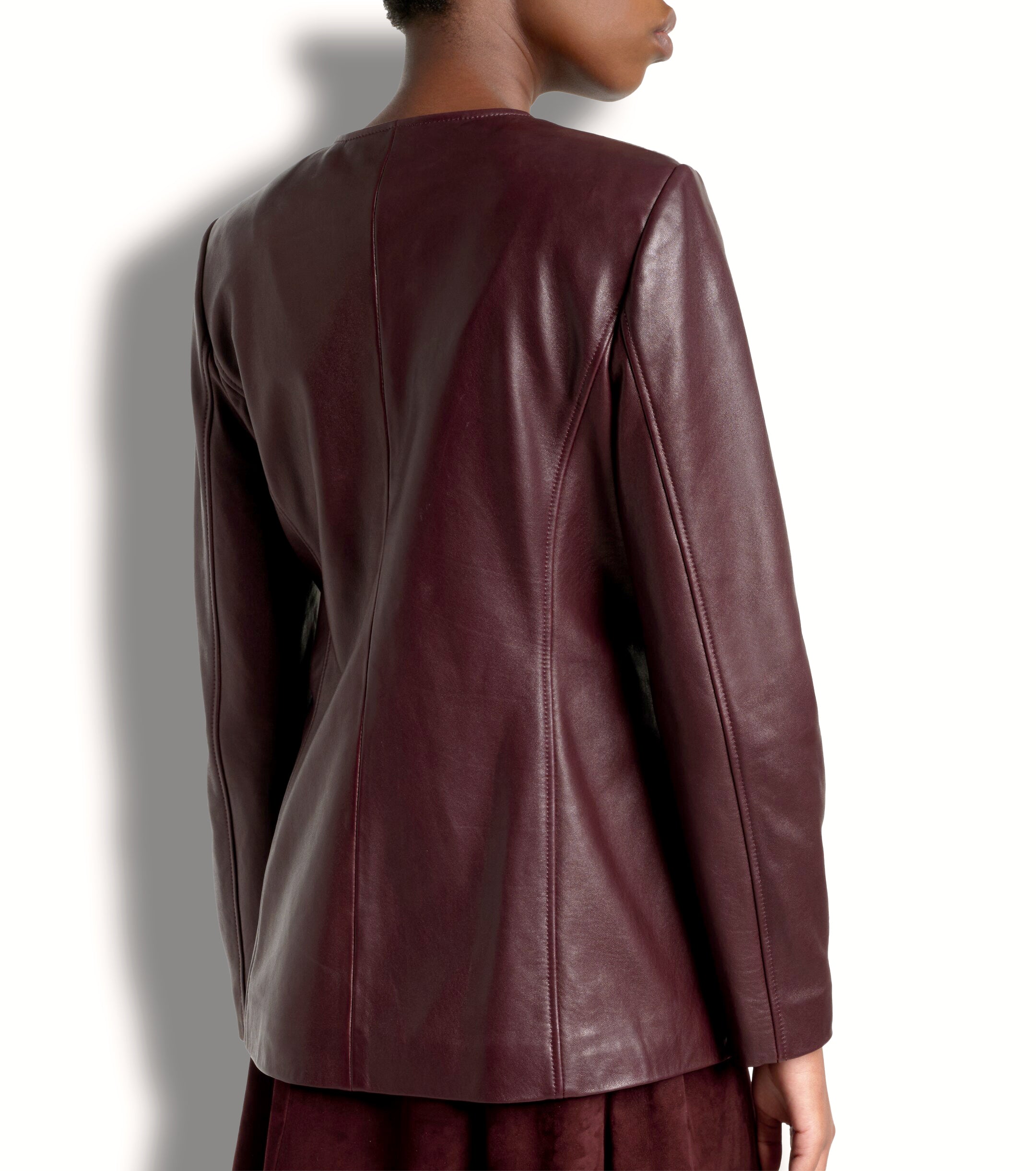 Women's burgundy leather round neck coat – premium button front back view
