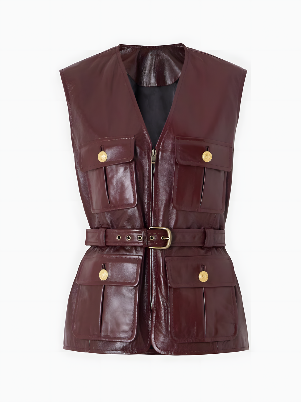 Women's burgundy leather utility vest – belted multi pocket jacket front view
