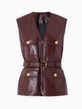 Women's burgundy leather utility vest – belted multi pocket jacket front view
