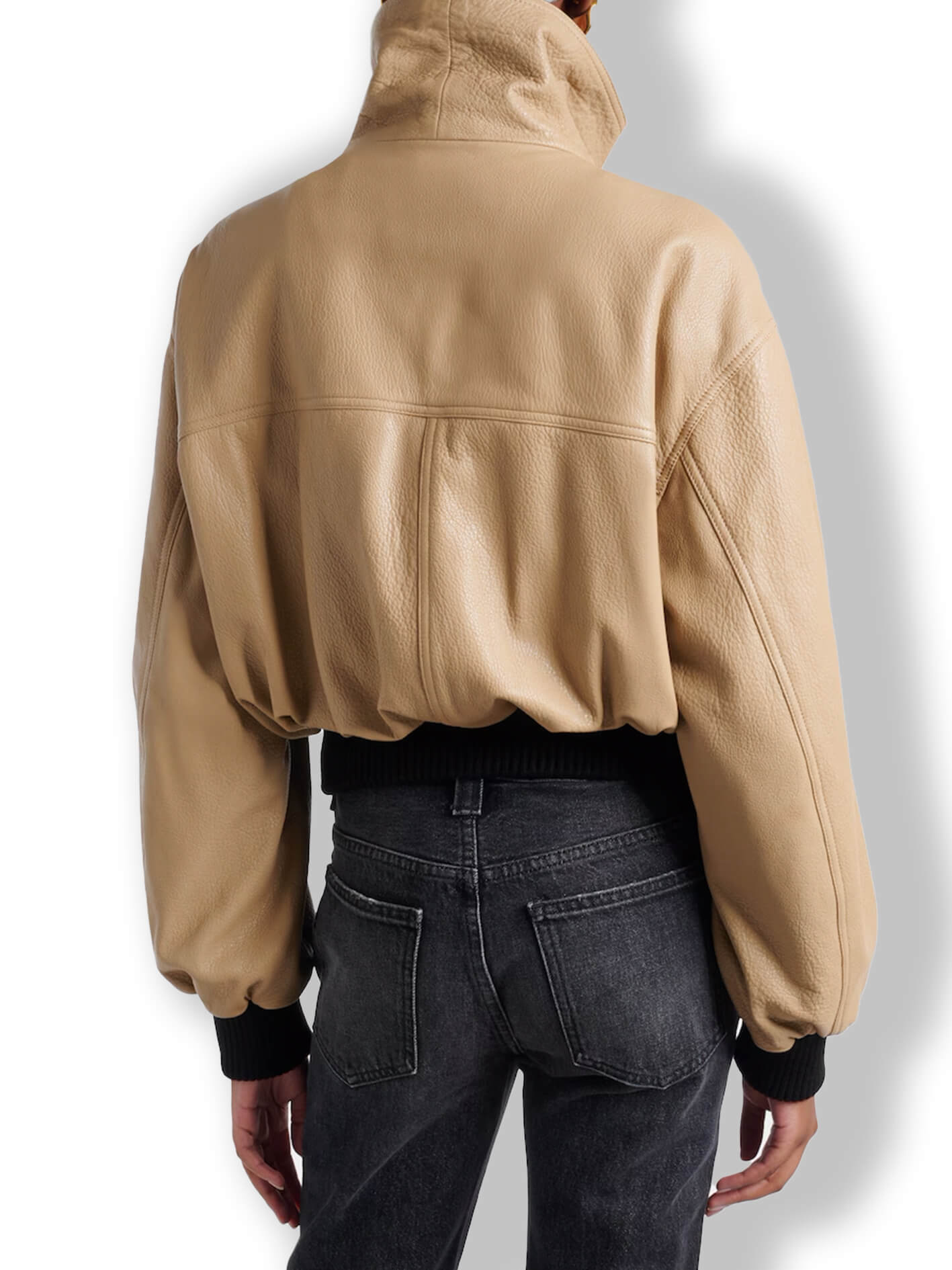 Women's camel genuine leather bomber jacket – high neck cropped fit back vie