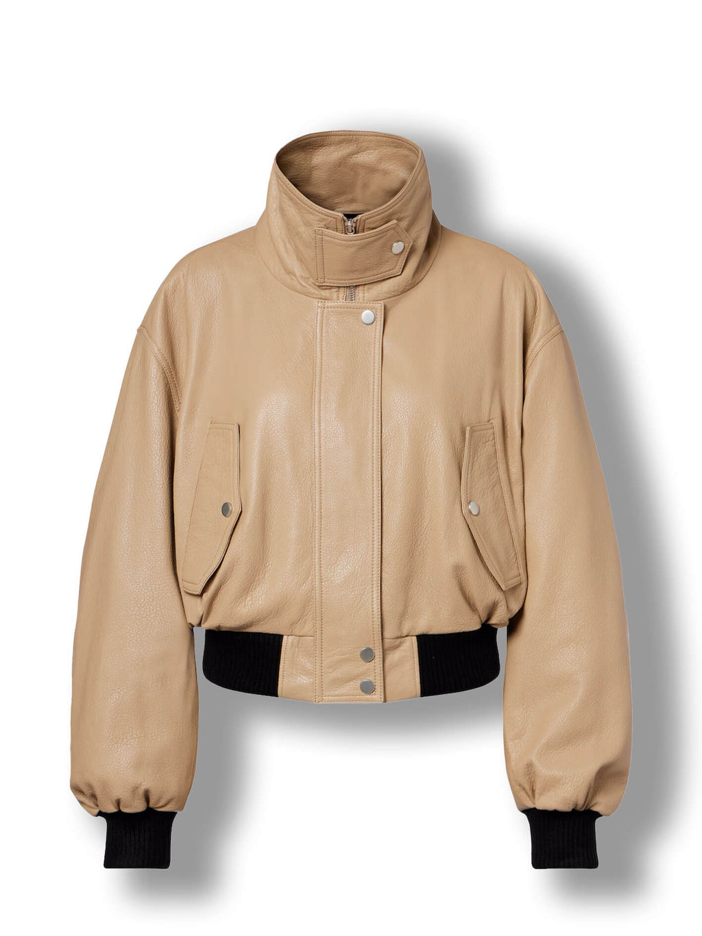 Women's camel leather cropped bomber jacket – high neck collar front view