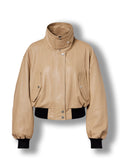 Women's camel leather cropped bomber jacket – high neck collar front view