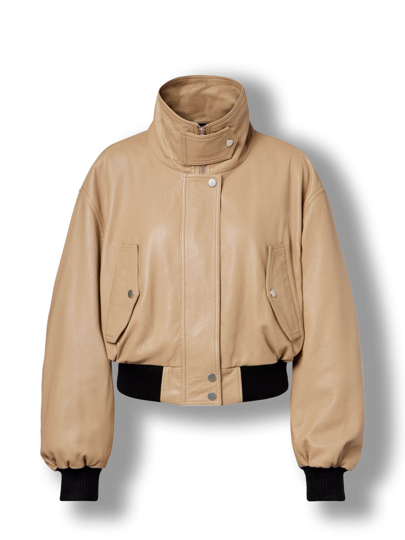 Women's camel leather cropped bomber jacket – high neck collar front view