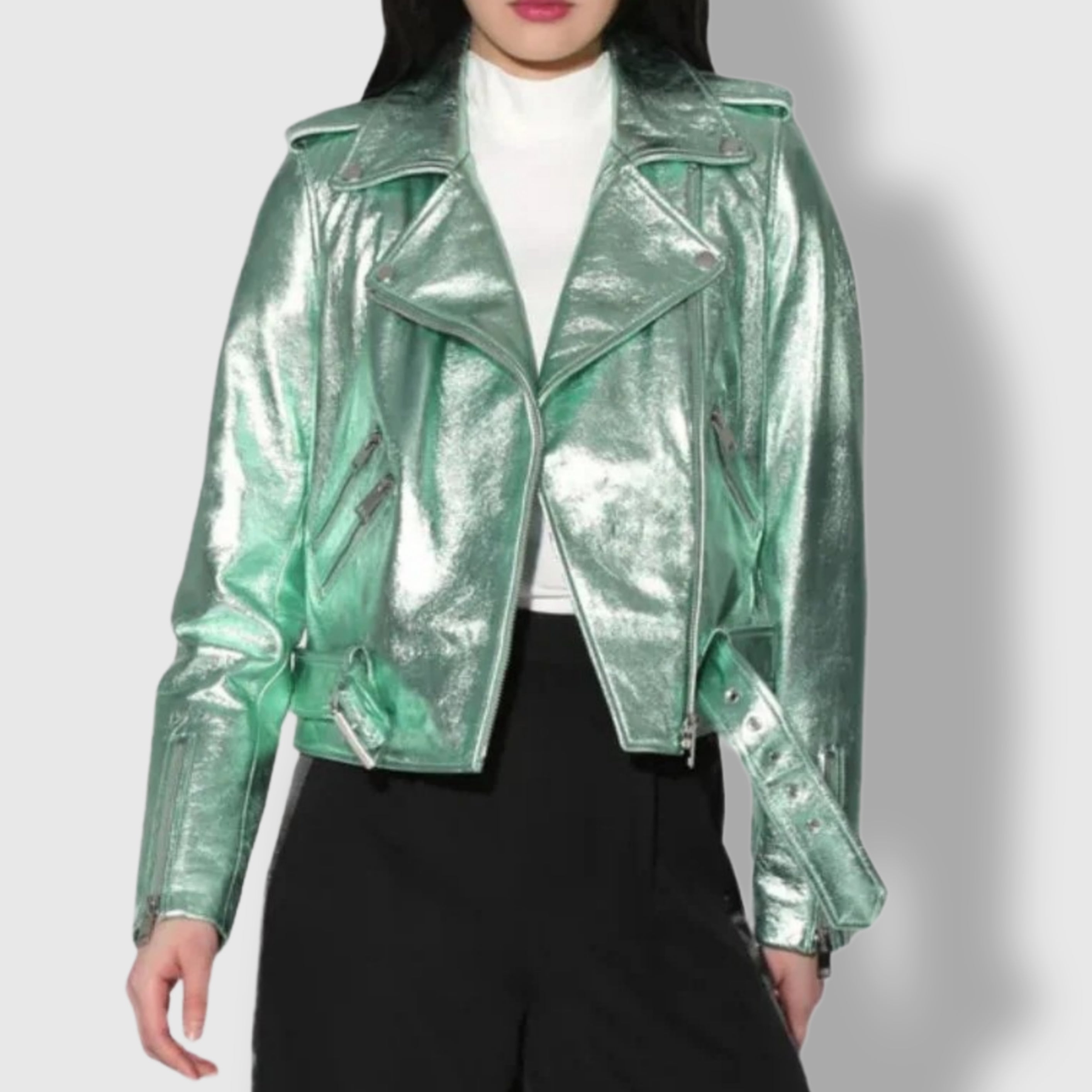 Women's metallic green leather biker jacket – moto style asymmetrical zip front view
