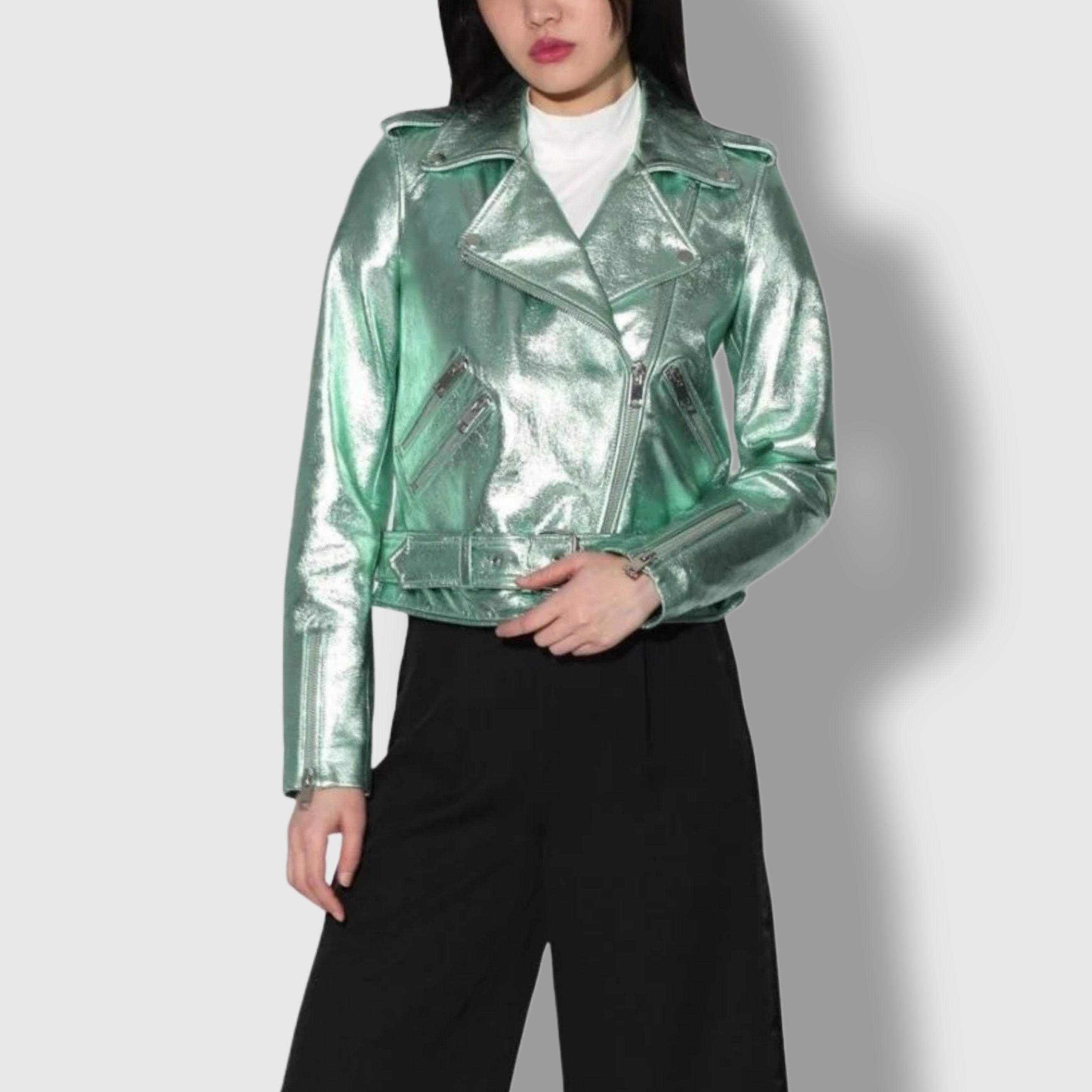 Women's metallic green leather biker jacket – moto style zip front view
