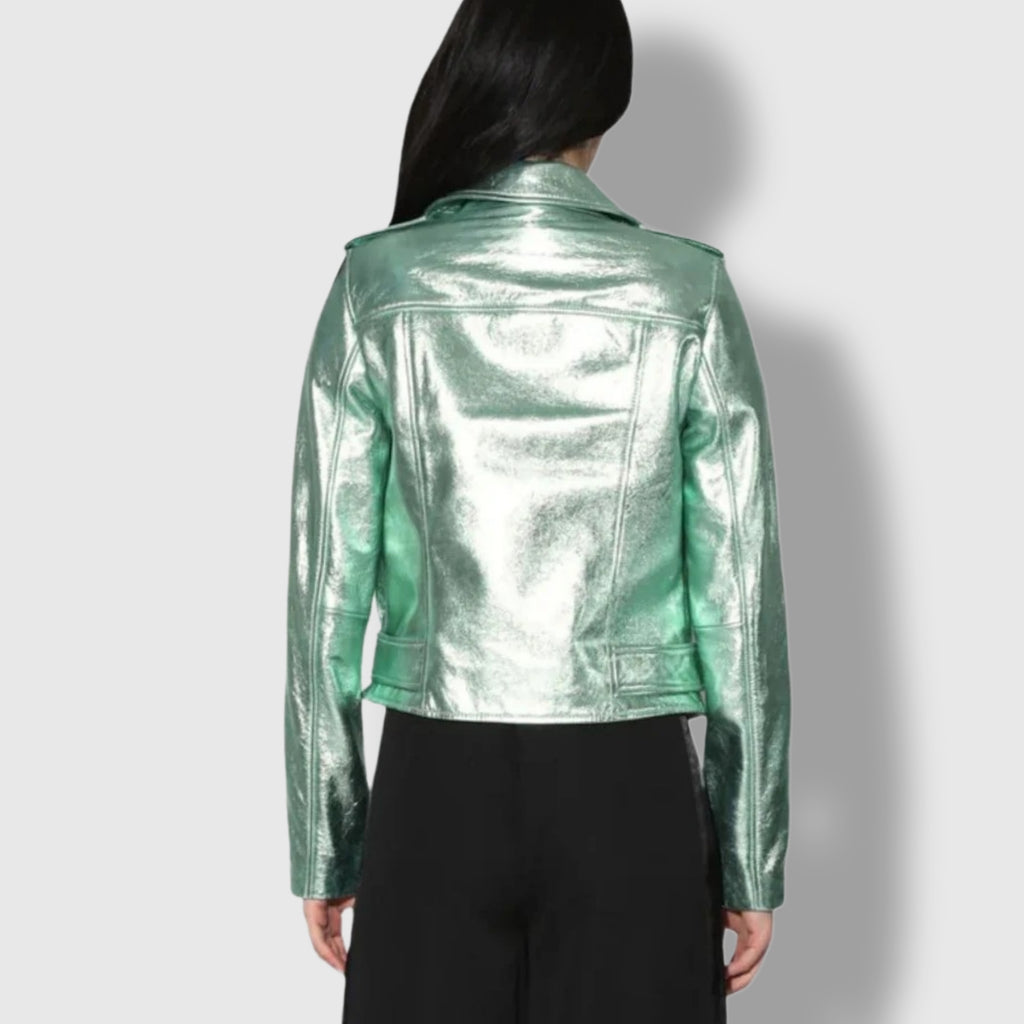 Women's metallic green leather moto jacket – glossy finish asymmetrical zip back view
