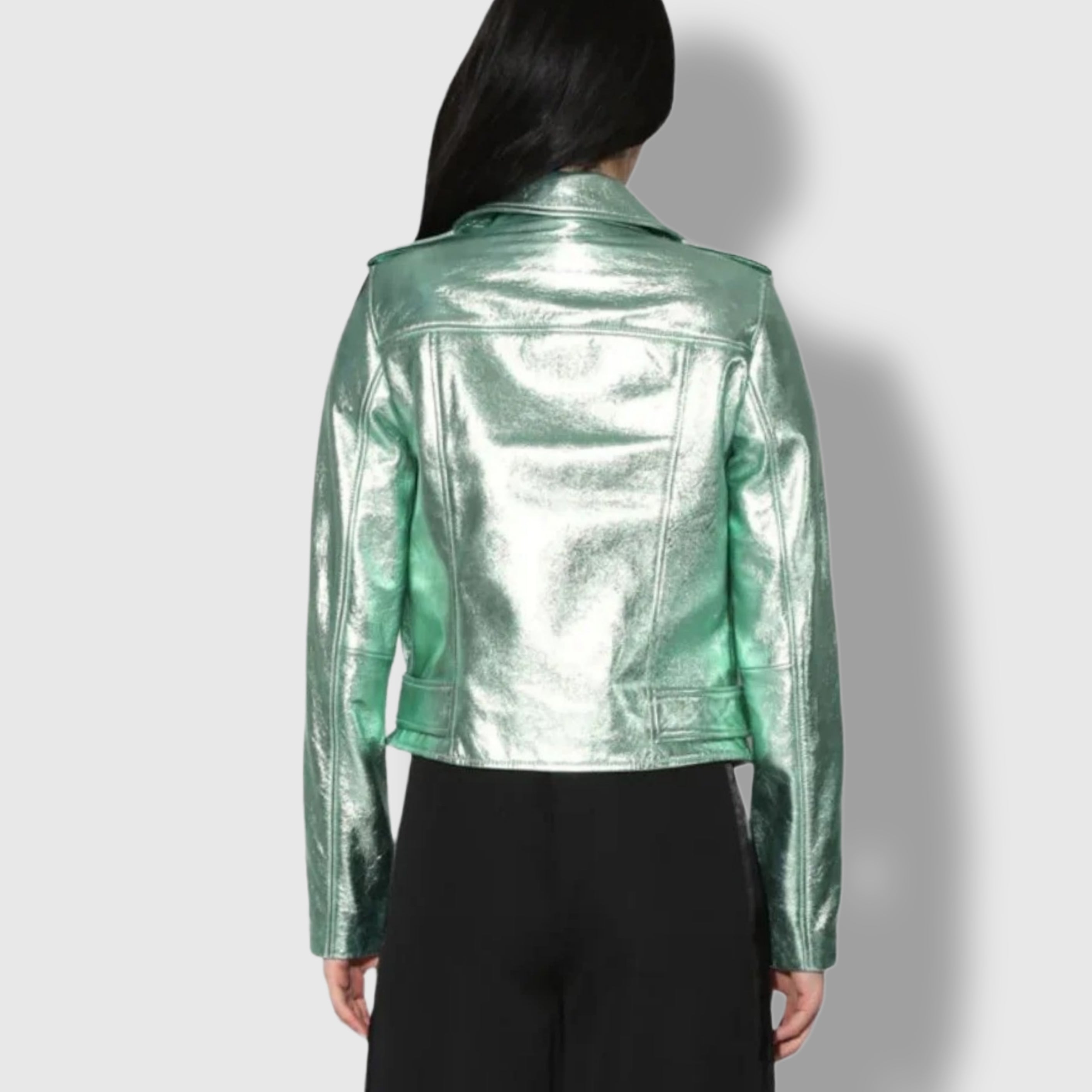 Women's metallic green leather moto jacket – glossy finish asymmetrical zip back view

