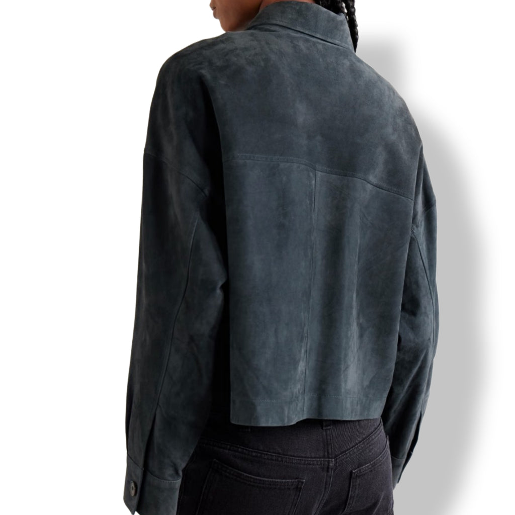 Women's navy blue genuine leather suede jacket – tailored fit back view
