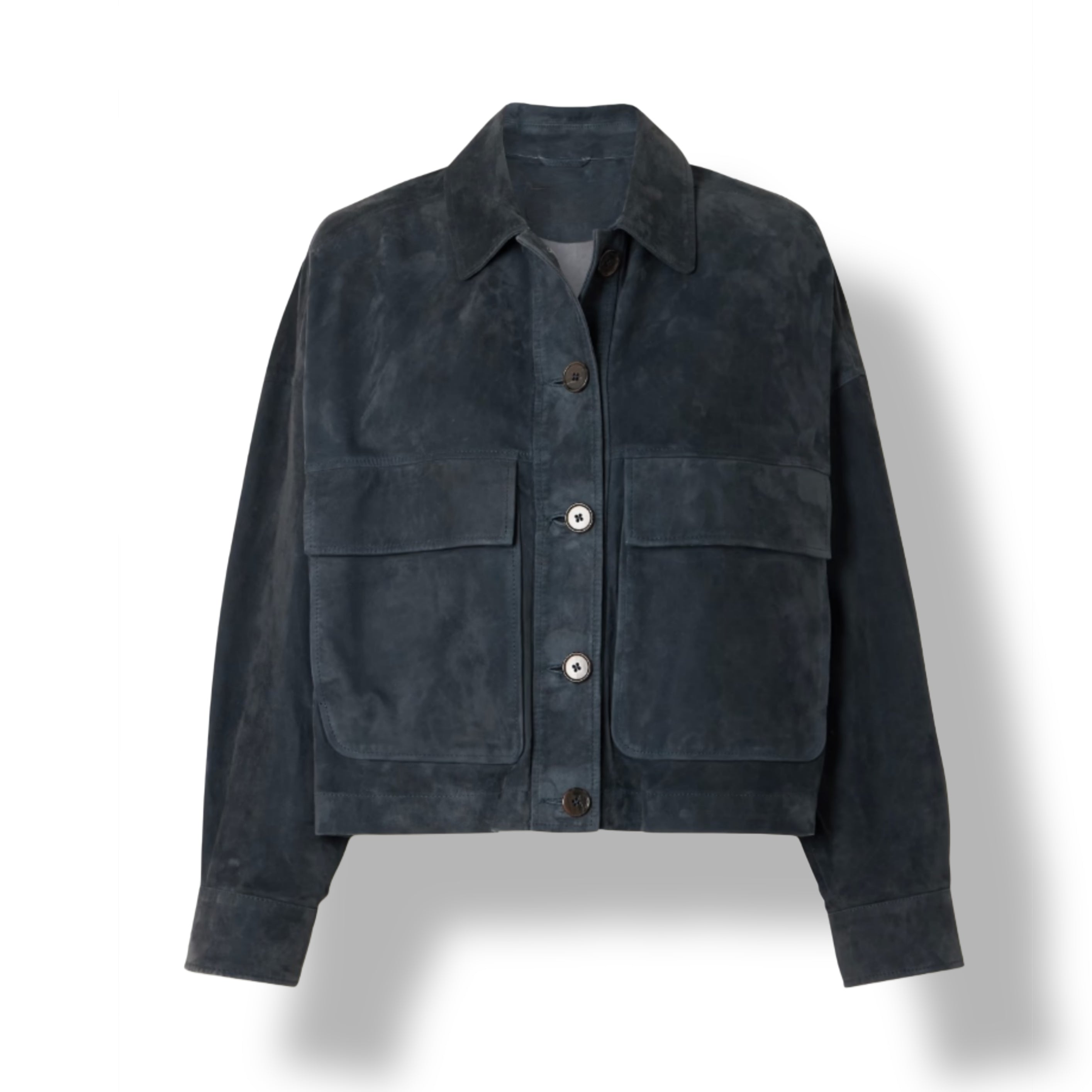 Women's navy blue suede jacket – genuine leather button-front style front view
