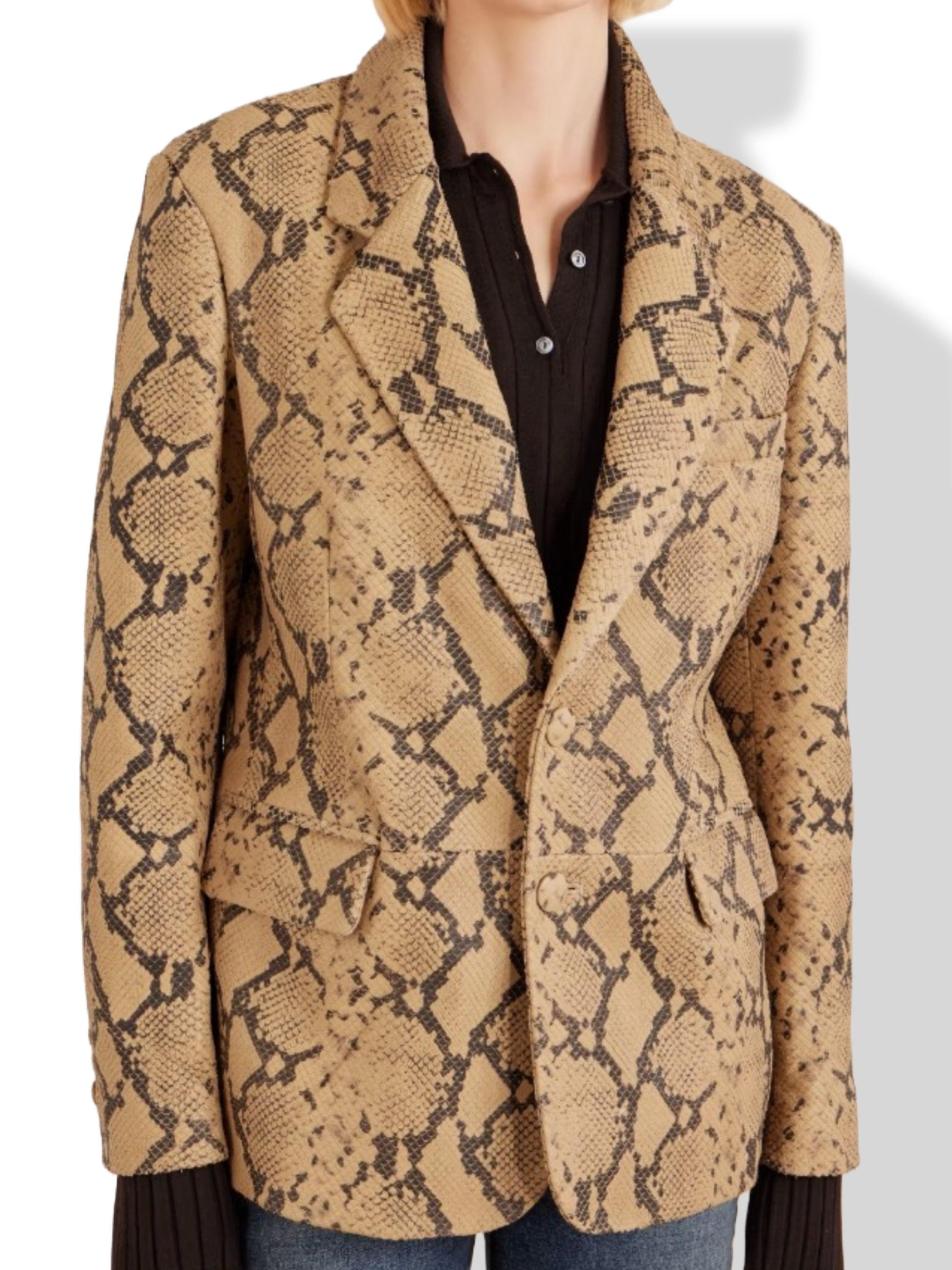 Women's snakeskin print blazer jacket – tailored animal print coat front view
