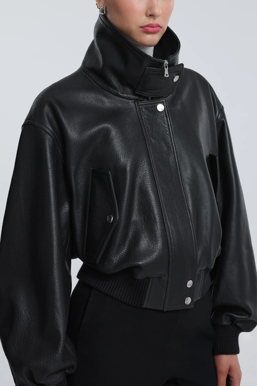Women Black Leather Cropped Jacket