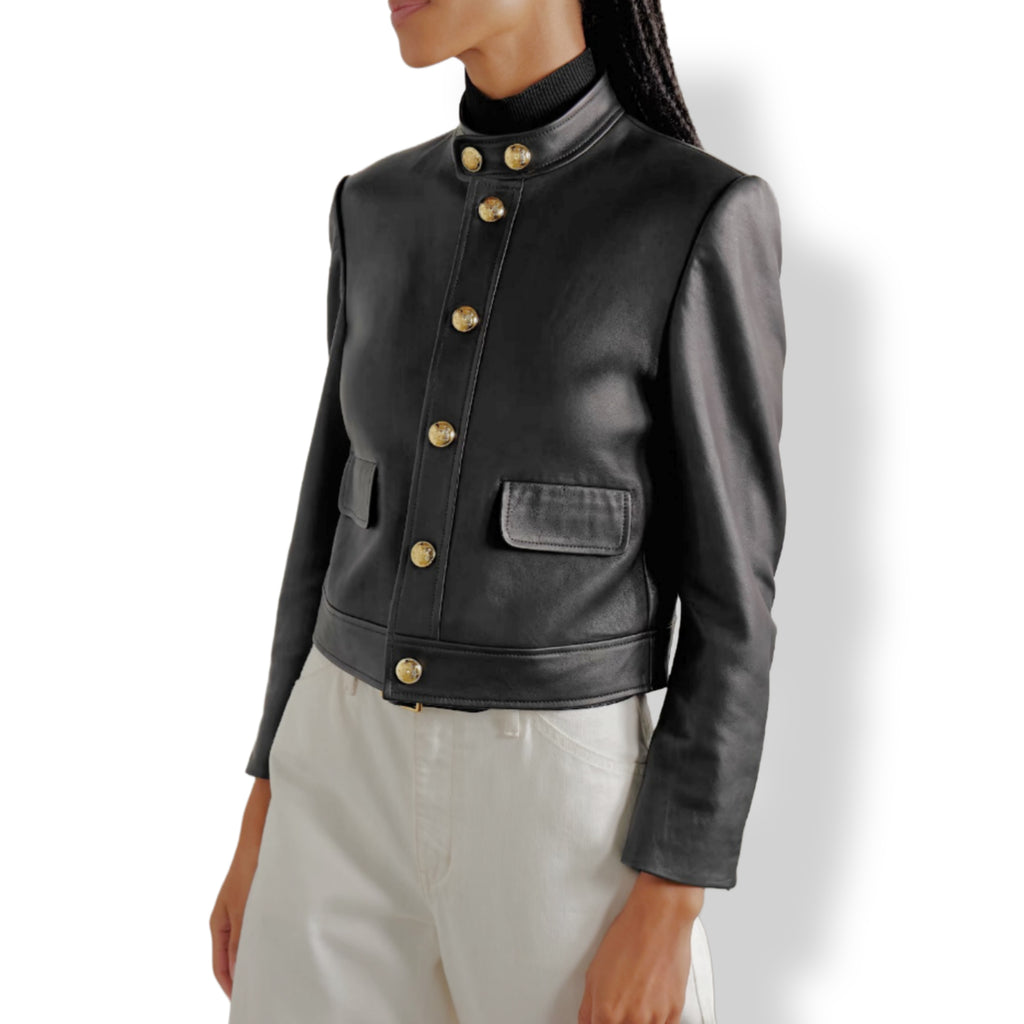 Women’s black leather cropped jacket with gold buttons in a luxury designer-inspired style