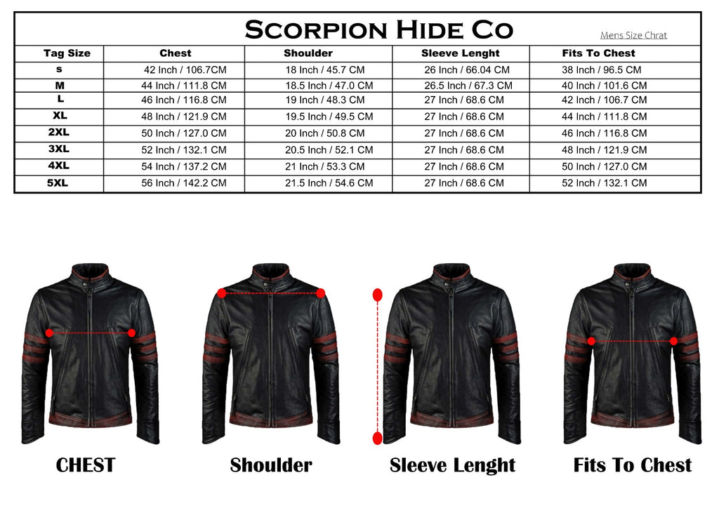 Scorpion Hide Co leather jacket size chart with jacket images and measurements.