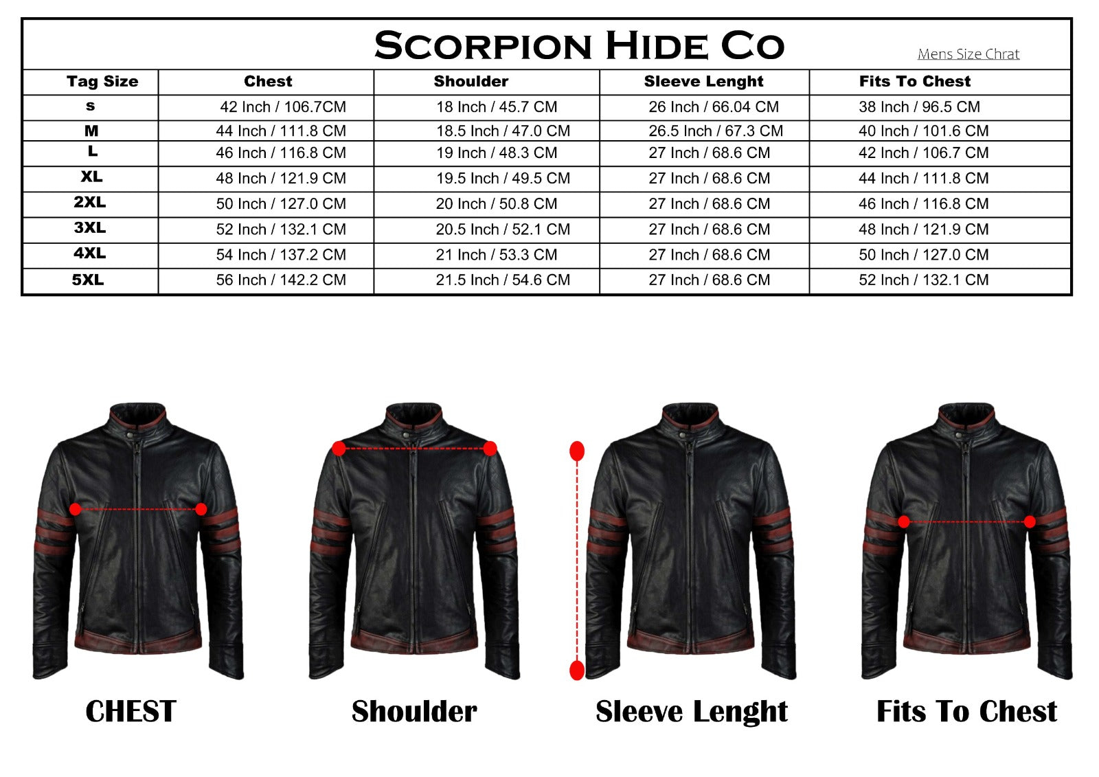 Scorpion Hide Co leather jacket size chart with jacket images and measurements.