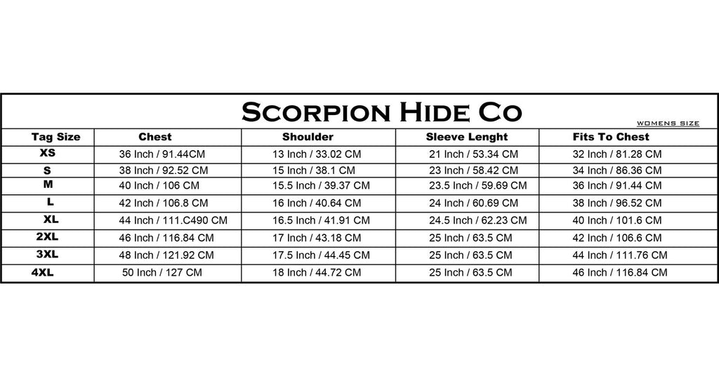 Size chart for Scorpion Hide Co products with tag size, chest, shoulder, sleeve length, and fits to chest measurements.