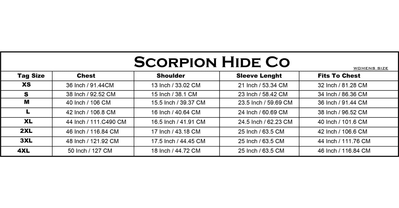 Size chart for Scorpion Hide Co products with tag size, chest, shoulder, sleeve length, and fits to chest measurements.