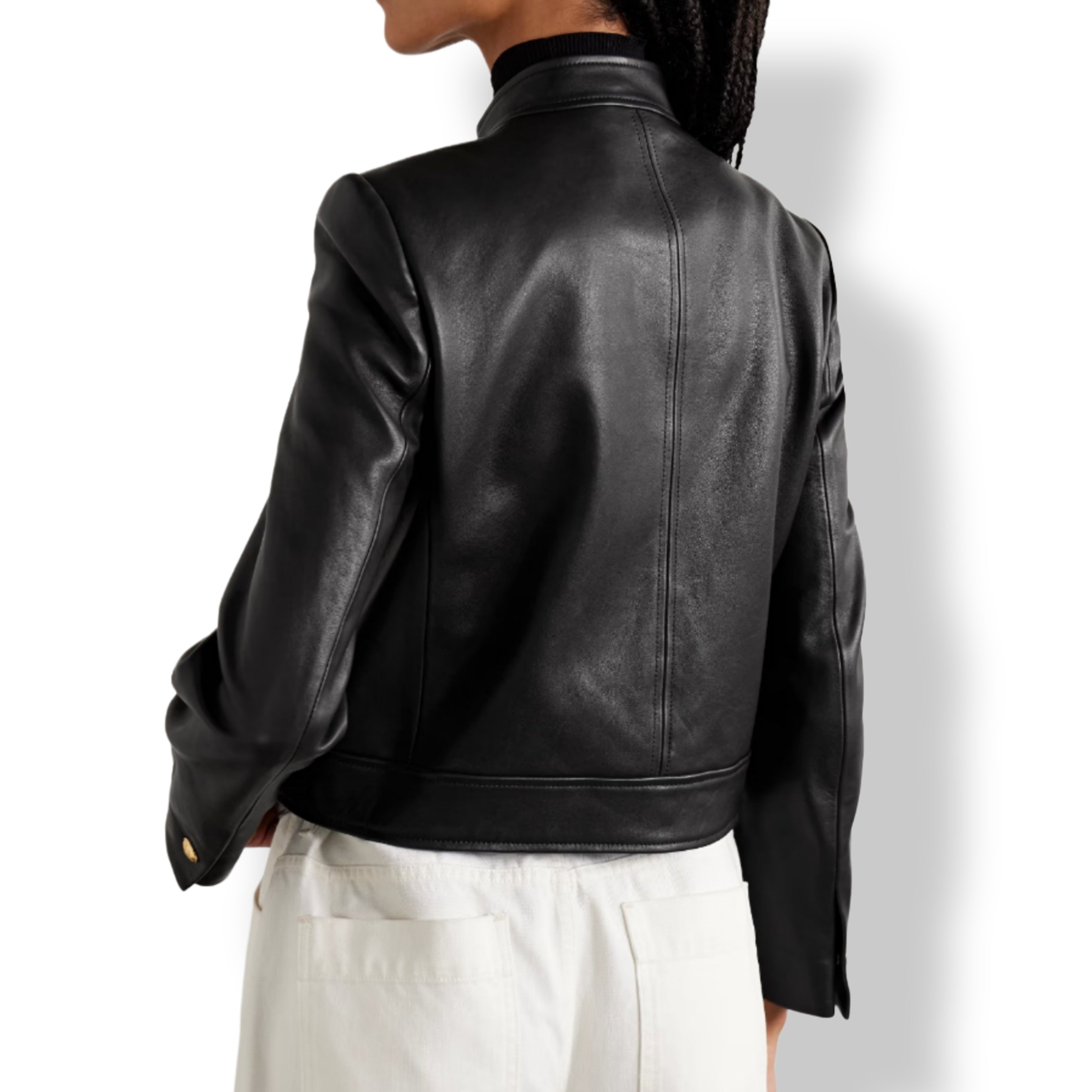 Back view black cropped leather jacket for women