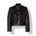 Women’s black leather cropped jacket with gold buttons in a luxury designer-inspired style