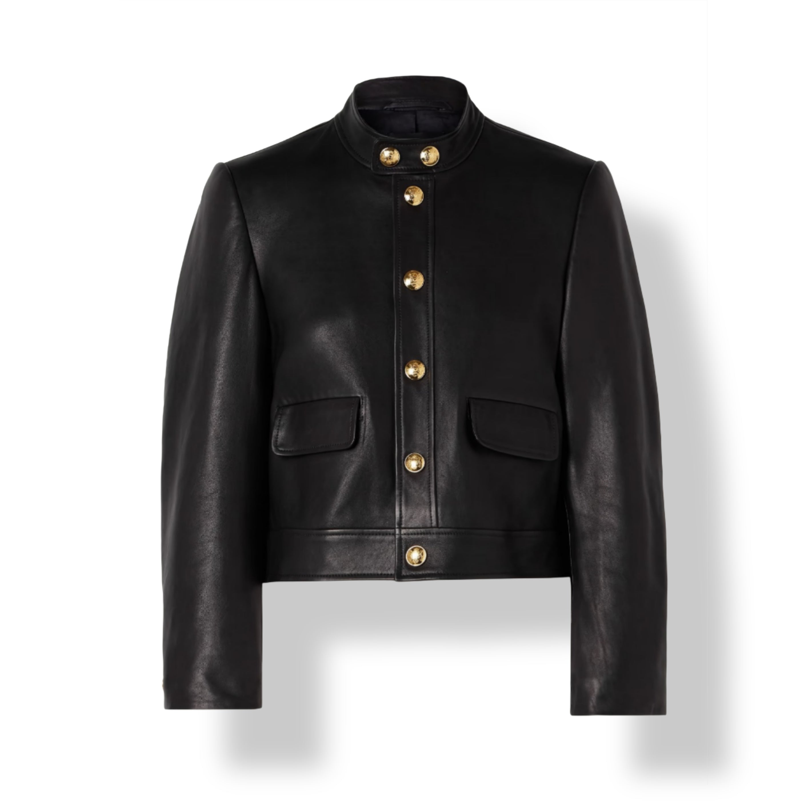 Women’s black leather cropped jacket with gold buttons in a luxury designer-inspired style